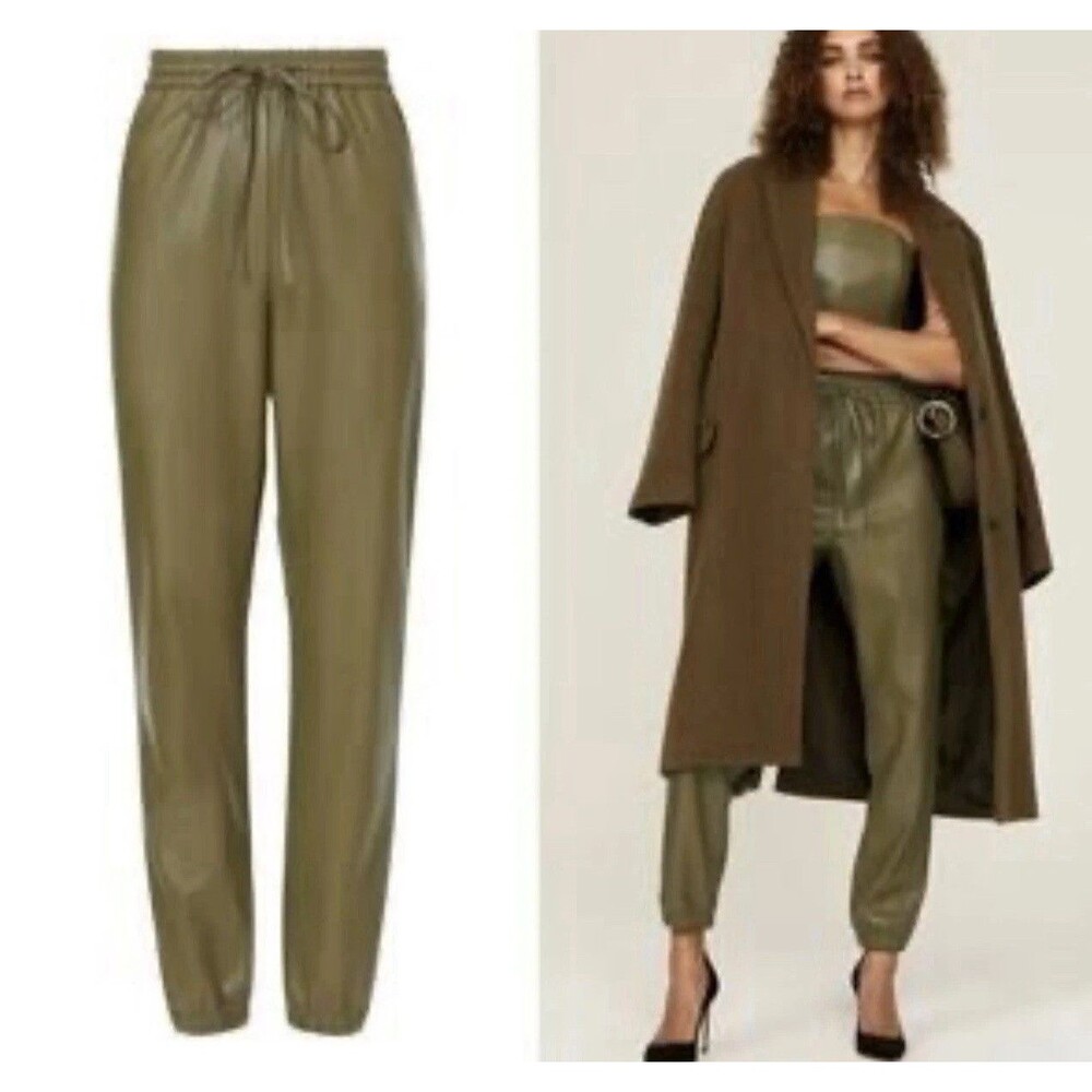 Natori Faux Leather  Joggers Sz M Olive Green Pants Pull On Pockets